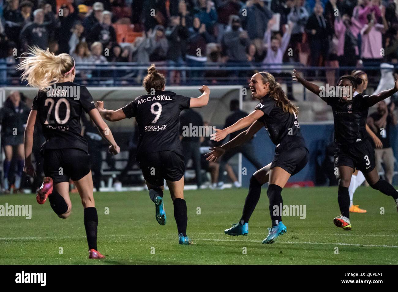 Angel City FC midfielder Savanna McCaskill (9) celebrates after scoring a goal during a NWSL match against the San Diego Wave, Saturday, March 19, 202 Stock Photo