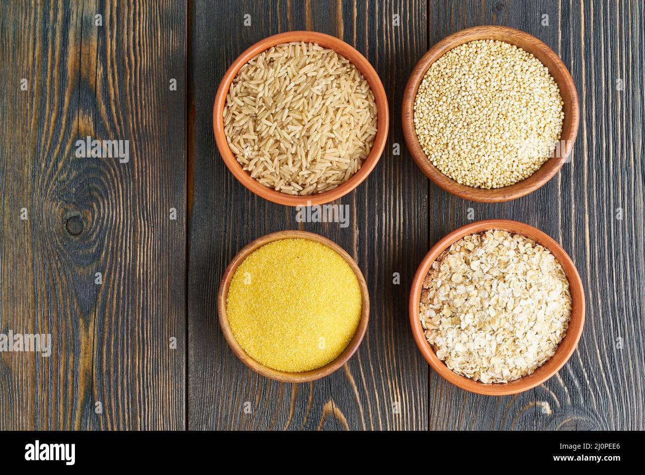 Set of groats for glutenfree fodmap diet, long carbohydrates, brown rice, corn Stock Photo Alamy