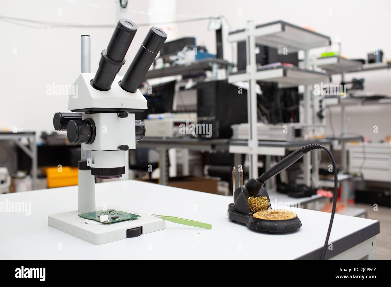Microscope in Scientific research tech Laboratory on table Stock Photo ...