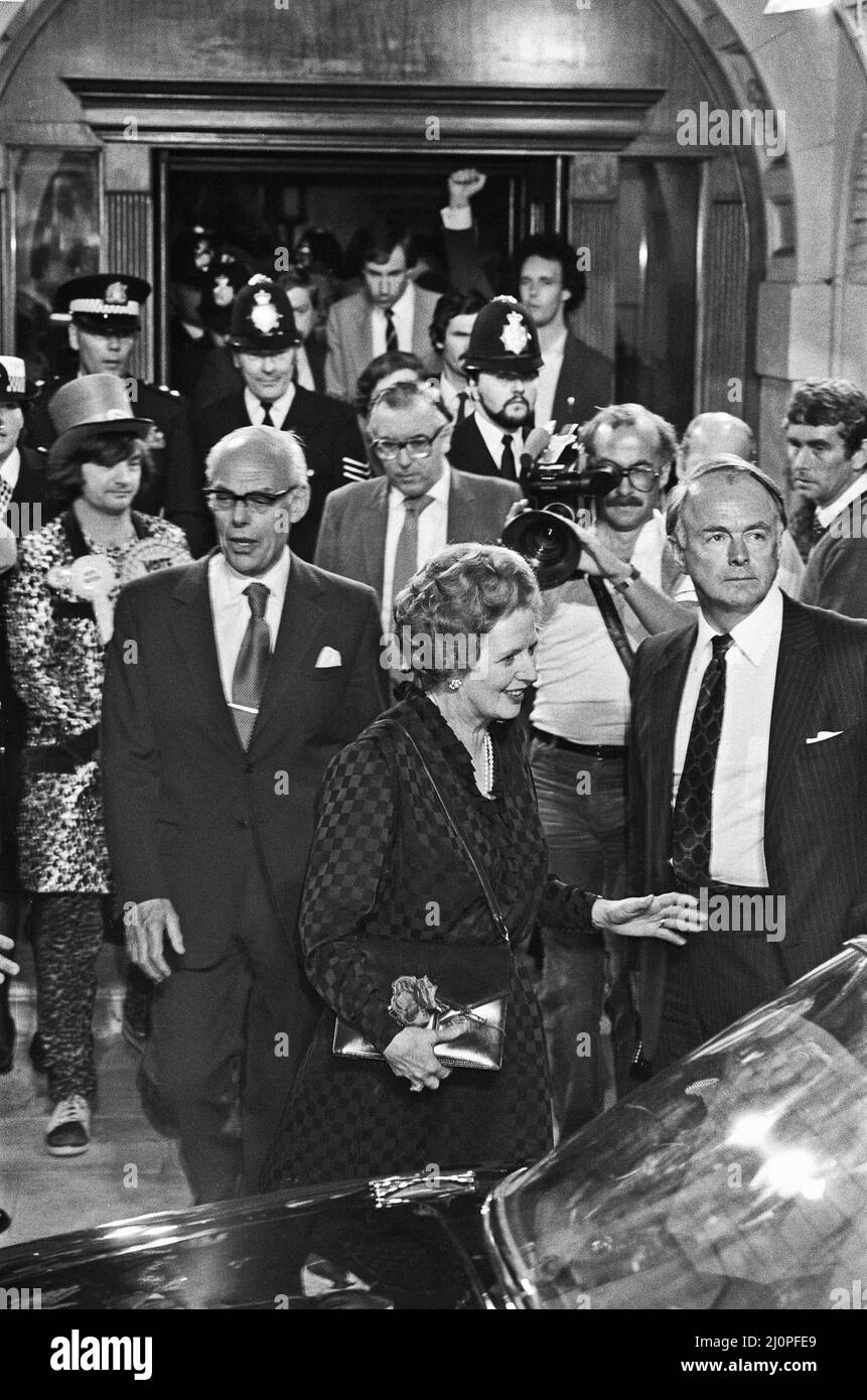 Prime Minister Margaret Thatcher leaving Hendon Town Hall after the
