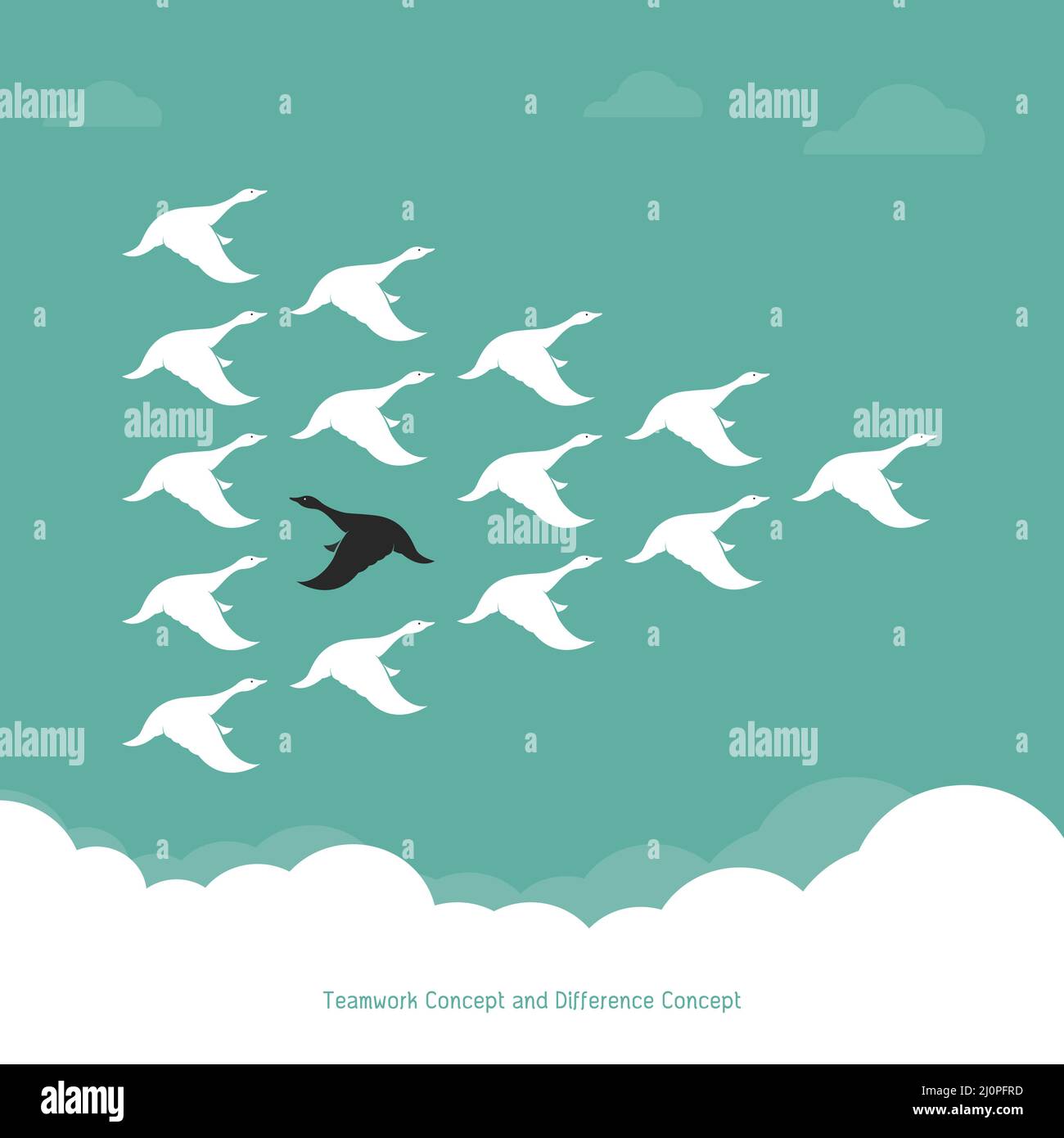Flock of a duck flying in the sky., Teamwork Concept and Difference Concept.., Wild duck. Easy editable layered vector illustration. Stock Vector