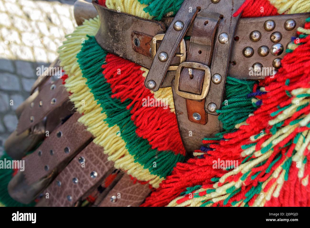 The Caretos - leather belting with studs and buckles, and red, yellow and green fringing - costume detail. Stock Photo