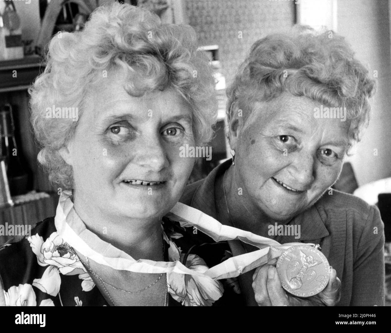 Athlete Steve Cram  Mia Cram and Maria Korte, mother and grandmother of Steve Cram, waiting to congratulate her son after he won the gold medal in the 1500 metres race at the World Athletic Championships in the Olympic Stadium in Helsinki, Finland 23 August 1983 Stock Photo