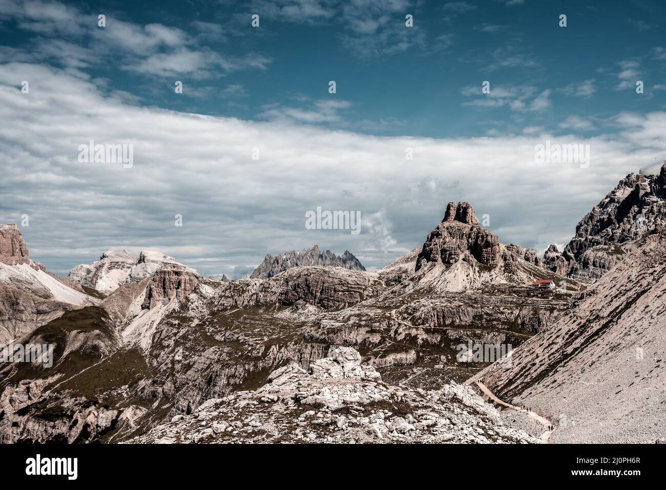 The Locatelli hut, and the Toblin Tower in the background. Dolomites Italy. Stock Photo