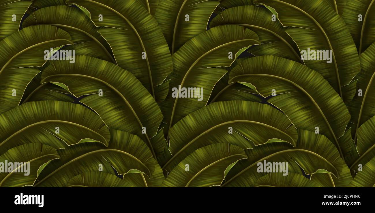 Exotic tropical background with hawaiian plants and flowers. Seamless indigo tropical pattern with monstera and sabal palm leaves, guzmania flowers. Stock Photo