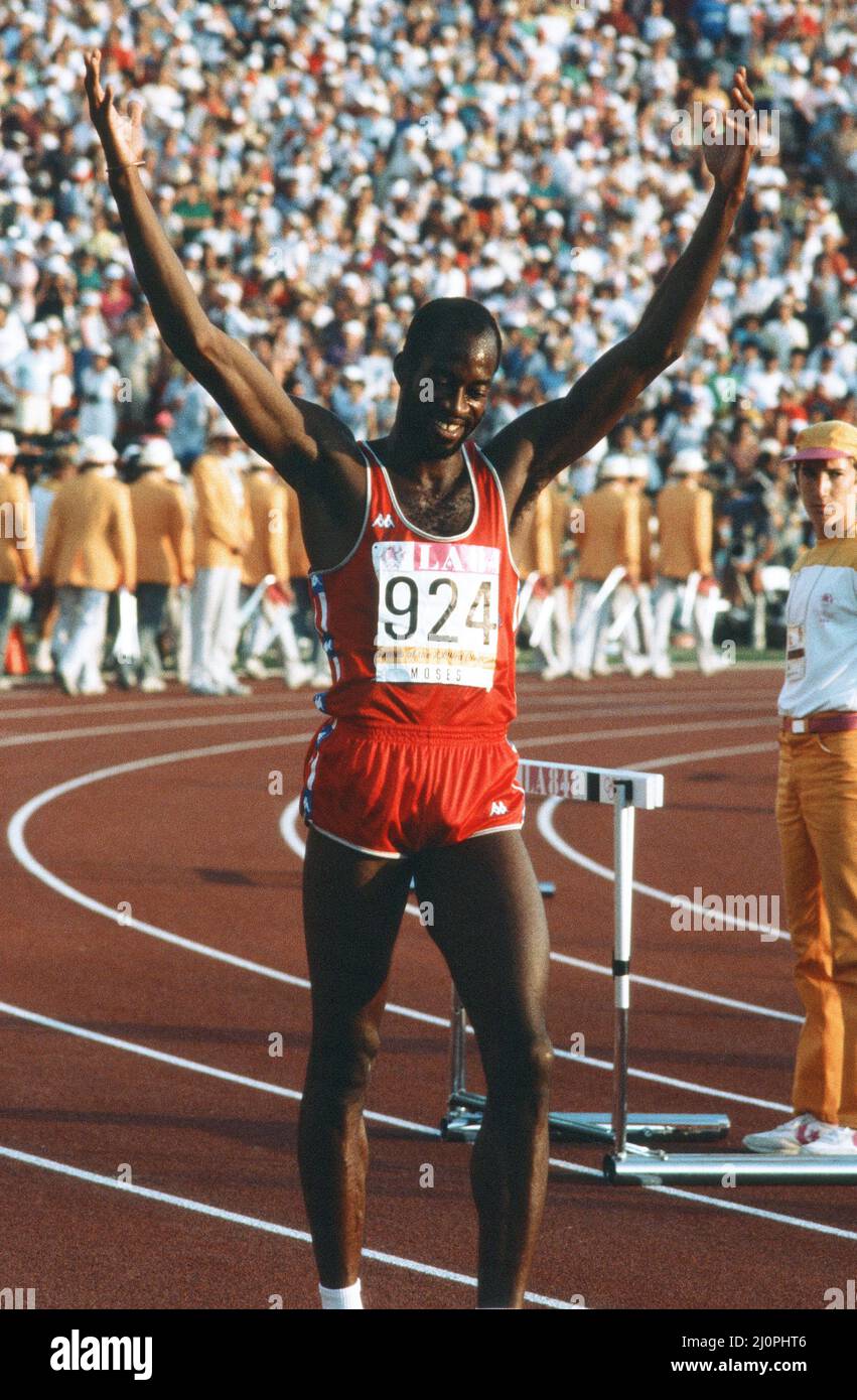 1984 Olympic Games in Los Angeles, USA. American athlete Ed Moses, gold medal winner in the 400 metres hurdles race. August 1984. Stock Photo