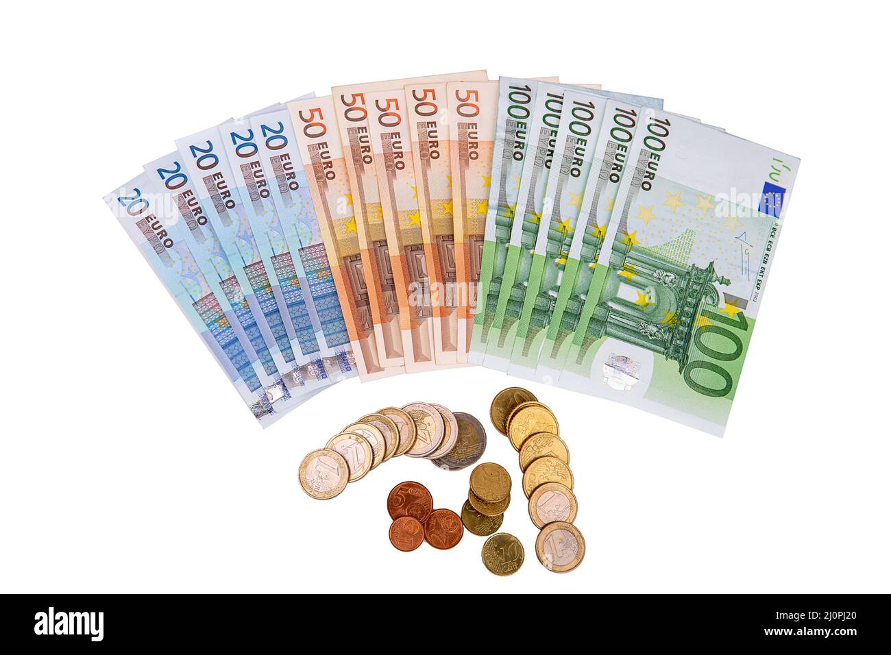 Denumeration Banknotes and euro coins of different denominations lie in a fan ...
