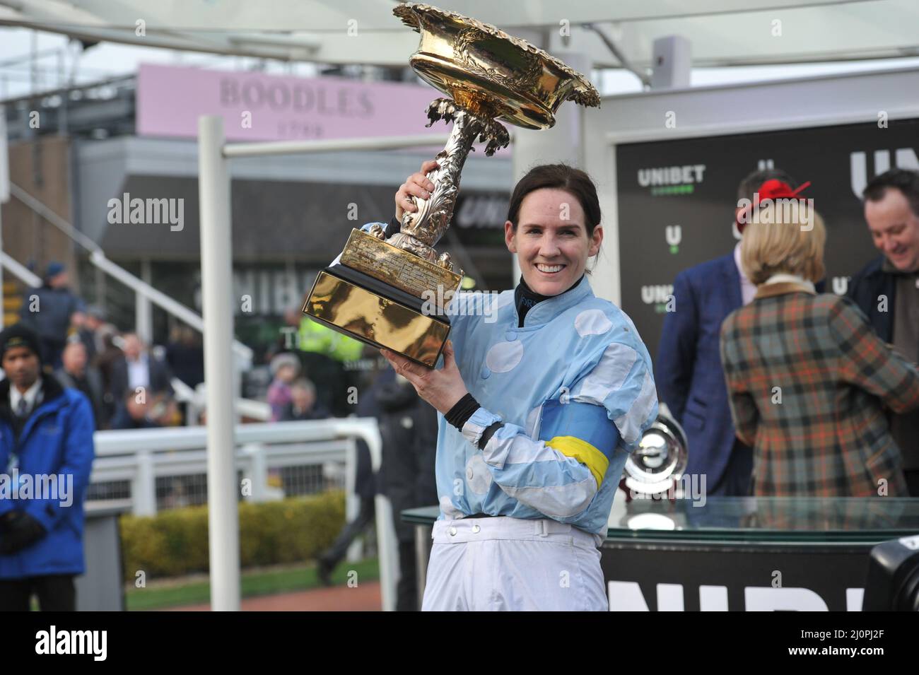 Winning jockey Rachael Blackmore   Day 1 of the Cheltenham Festival at Cheltenham Racecourse.     Champion Hurdle    Race winner Honeysuckle ridden by Stock Photo