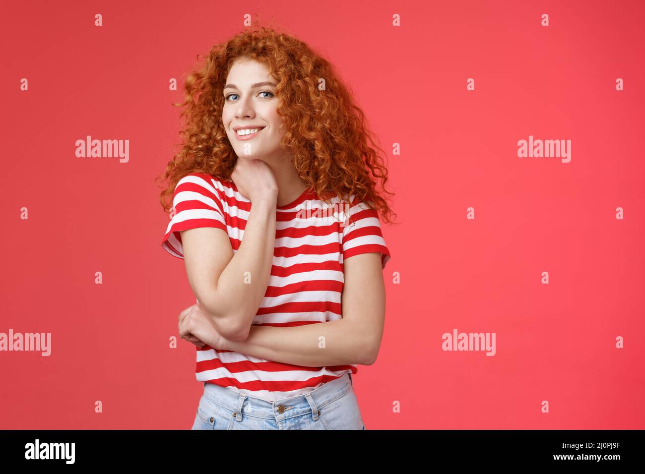 Cheerful lively cute tender redhead curly girl romantic summer mood pondering what present girlfriend happy pride month silly sm Stock Photo