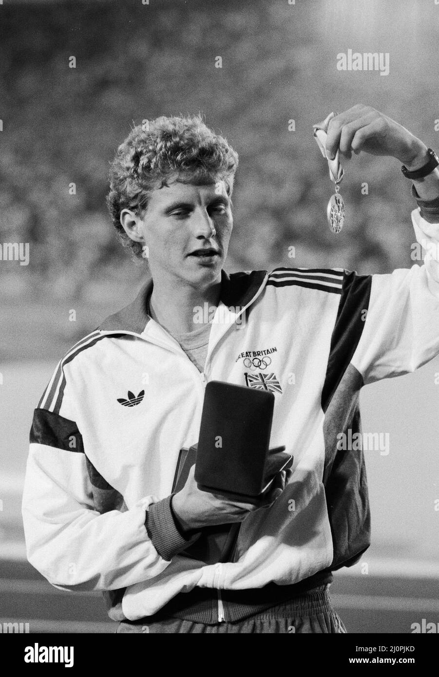 1984 Olympic Games in Los Angeles, USA. Mens Athletics.  Great Britain's Steve Cram holds his silver medal after finishing second in the Men's 1500 Metres final.  11th August 1984. Stock Photo