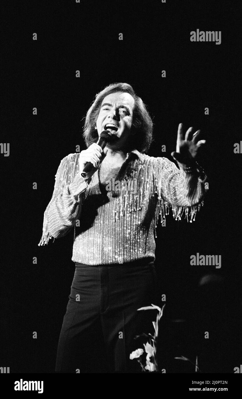 American singer Neil Diamond in concert at the NEC Arena, Birmingham. 2nd July 1984. Stock Photo