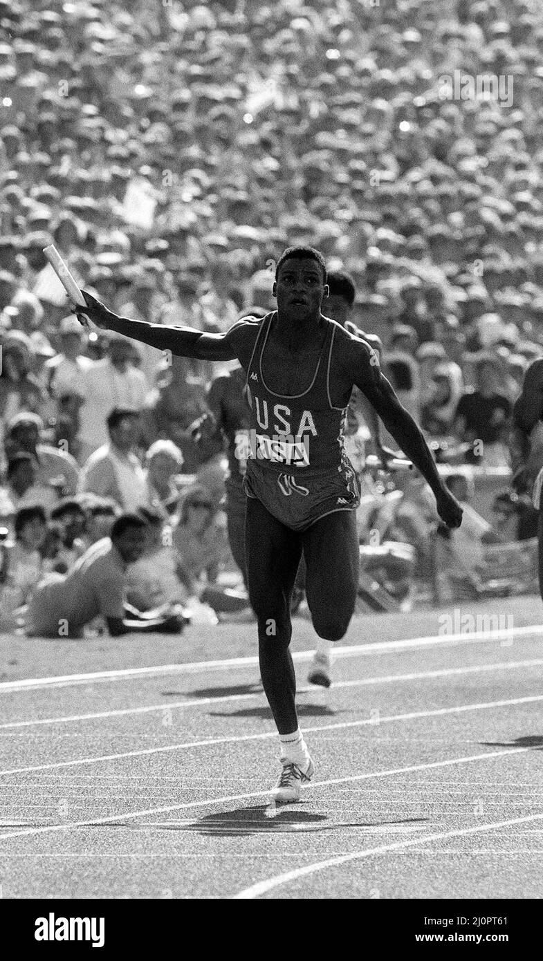 Los Angeles Olympic Games August1984  Carl Lewis  of the United  states of America Sport Athletics Action wins 4x100 meters Final 1984 Olympic Games 1984 Los Angeles Olympics 1984  wins winning Stock Photo