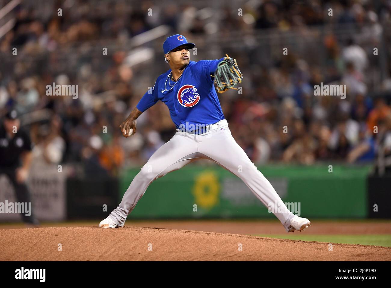 Chicago Cubs pitcher Marcus Stroman (0) pitches against the San Francisco  Giants during a MLB spring training baseball game, Saturday, Mar 19, 2022,  in Scottsdale, Ariz. (Chris Bernacchi/Image of Sport/Sipa USA Stock