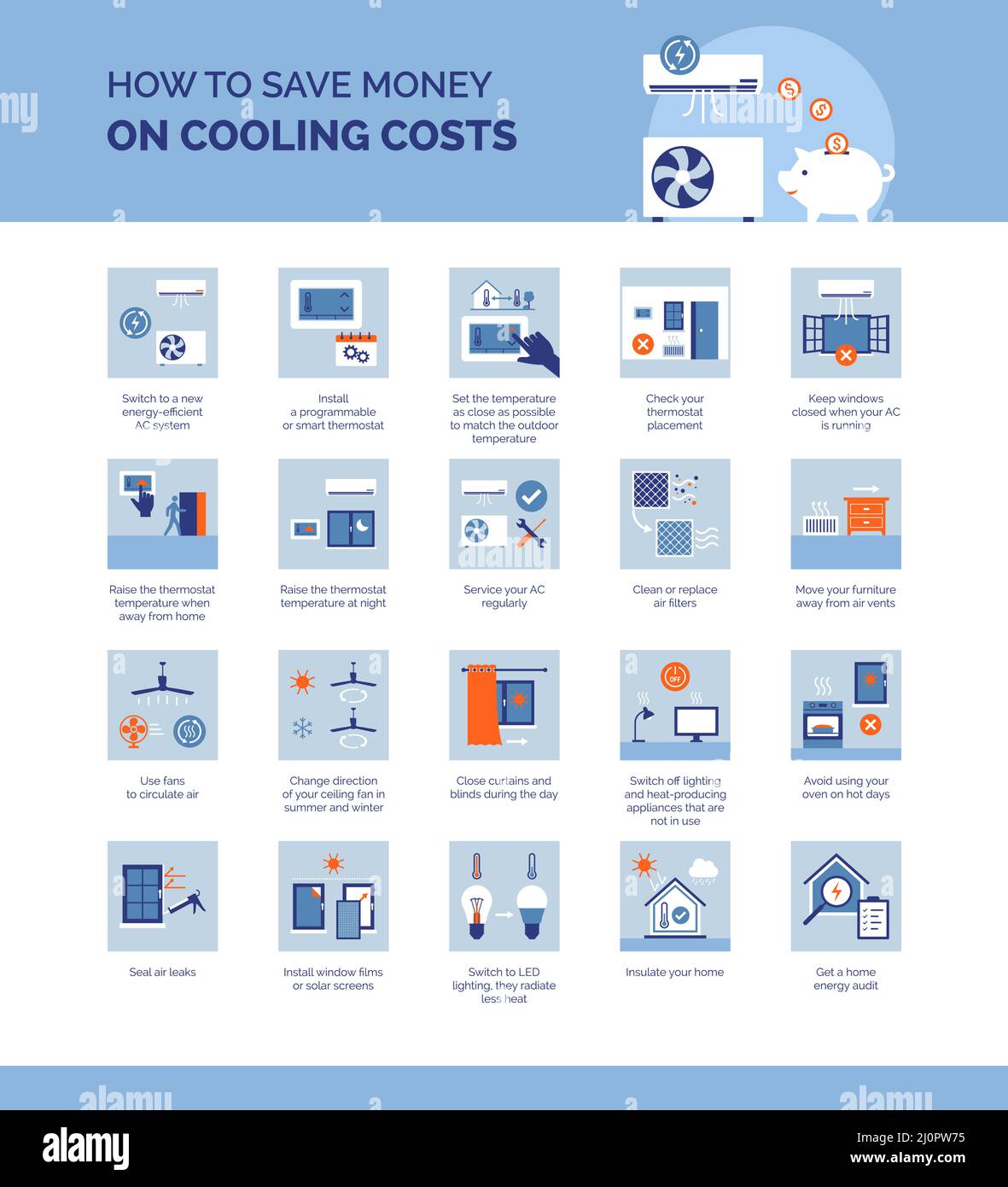 How to save money on cooling costs, lower utility bills and make your house more eco-friendly Stock Vector