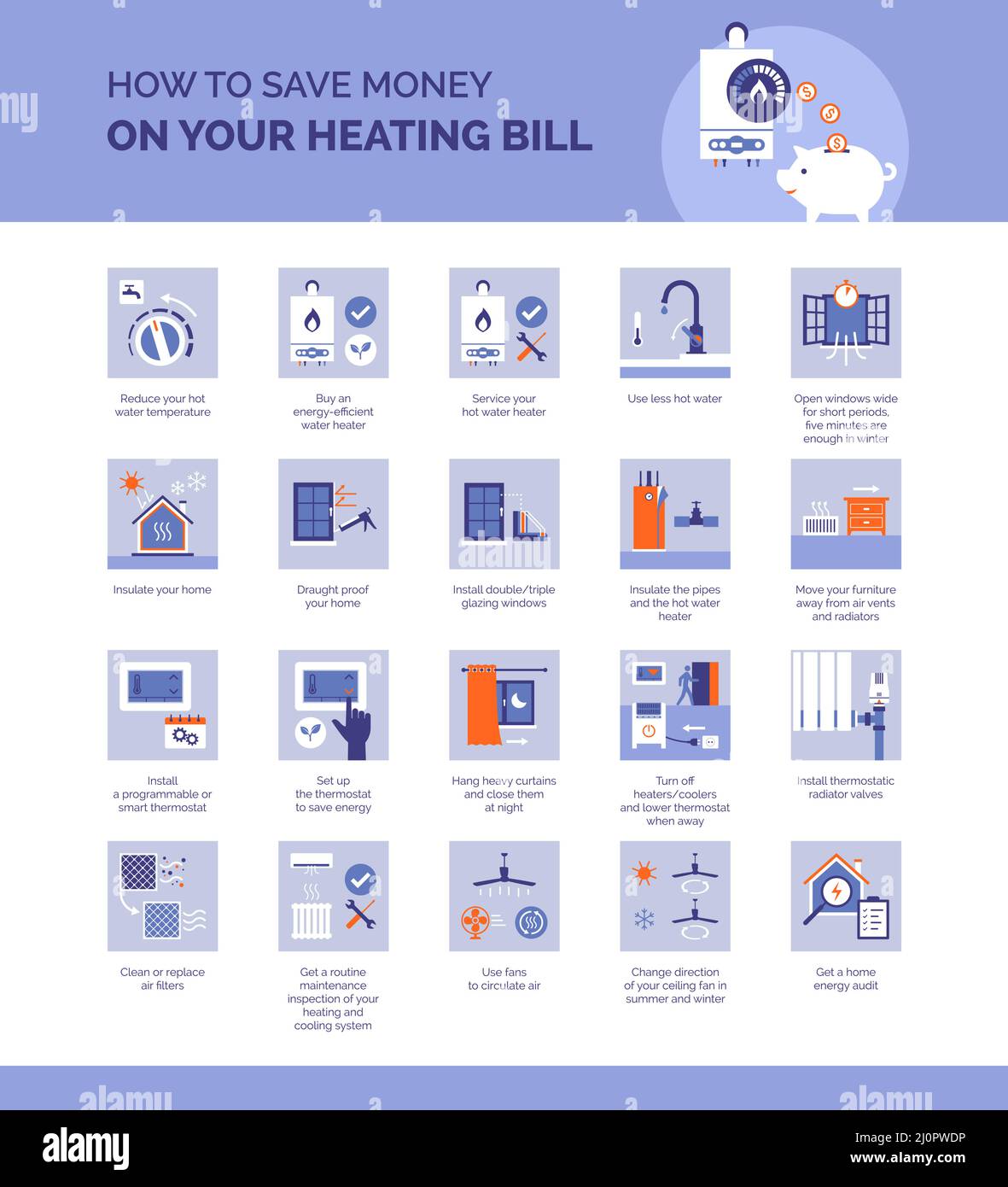 How to save on your heating bill, lower utility costs and make your house more eco-friendly Stock Vector