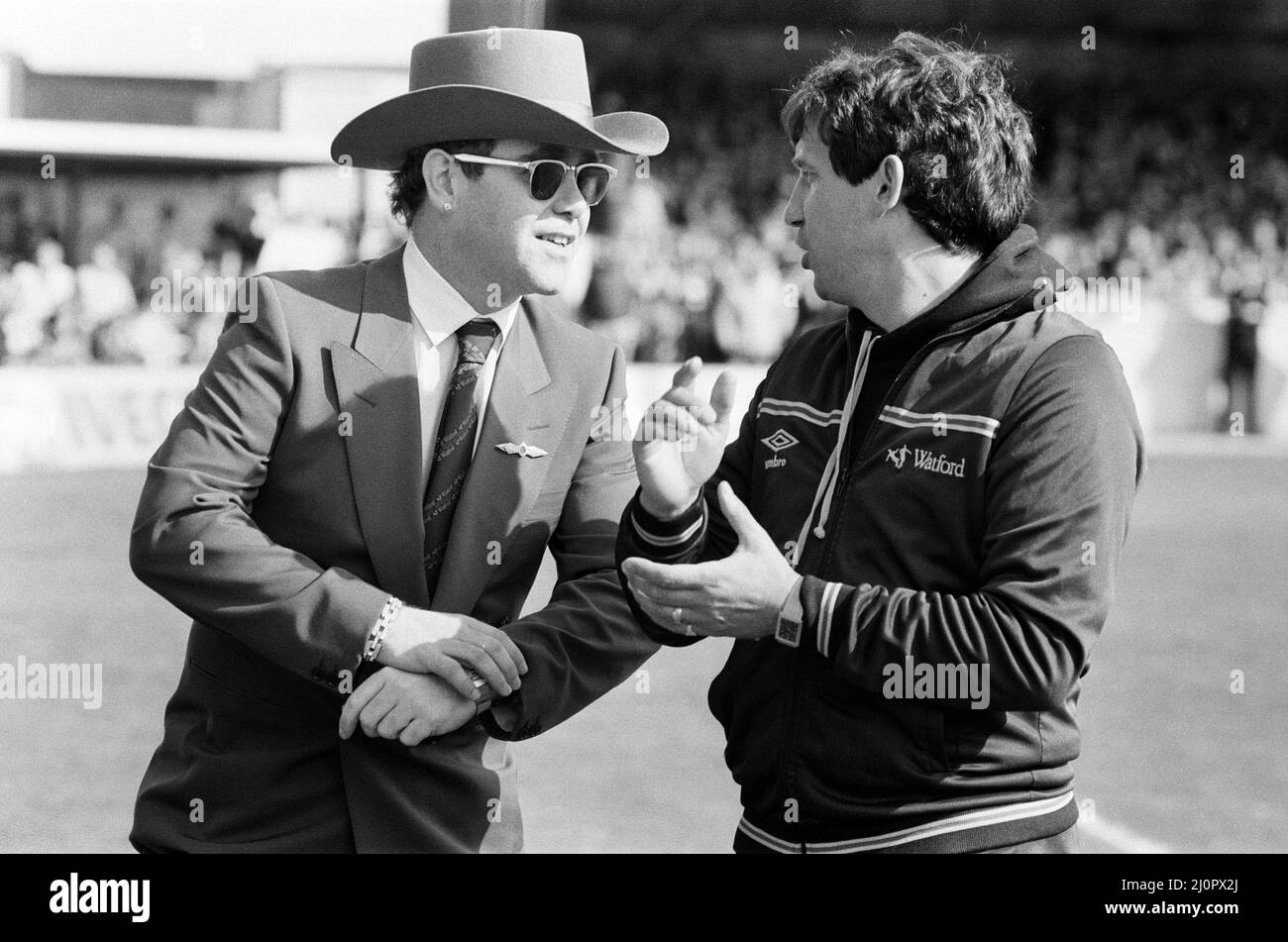 Elton John and Graham Taylor at the Watford v Liverpool football match, 14th May 1983. Stock Photo