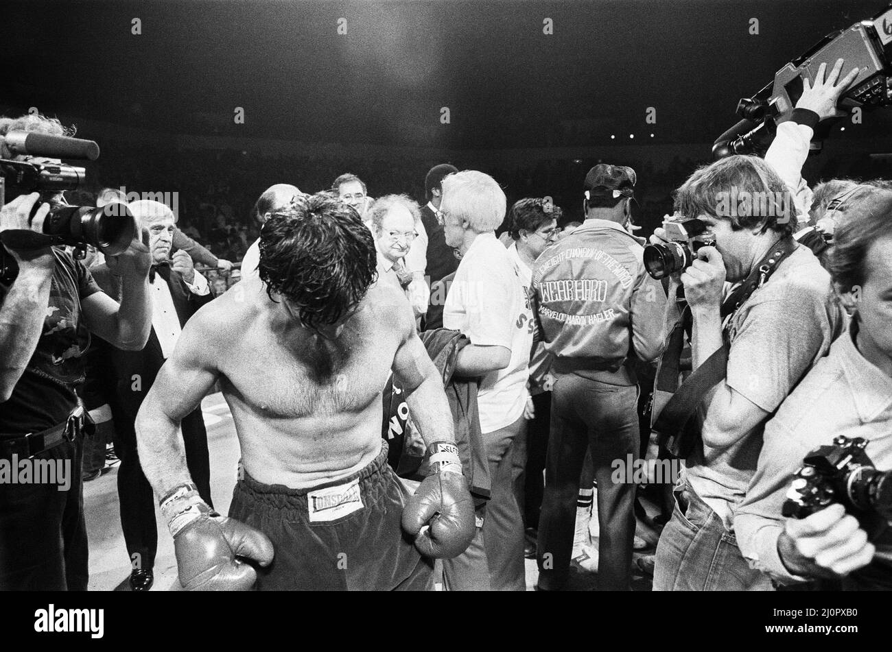 Tony Sibson relinquished his European and Commonwealth titles to ensure he got the right preparation for his tilt at Marvin Haglers WBC and WBA middleweight titles.Hagler was unbeaten in his last 30 fights leading into this contest at a sold out 14,000 capacity DCU Centre in Worcester, Massachusetts. Hagler won by TKO in round six to retain his belts. (Picture) Tony Sibson after his defeat. 11th February 1983 Stock Photo