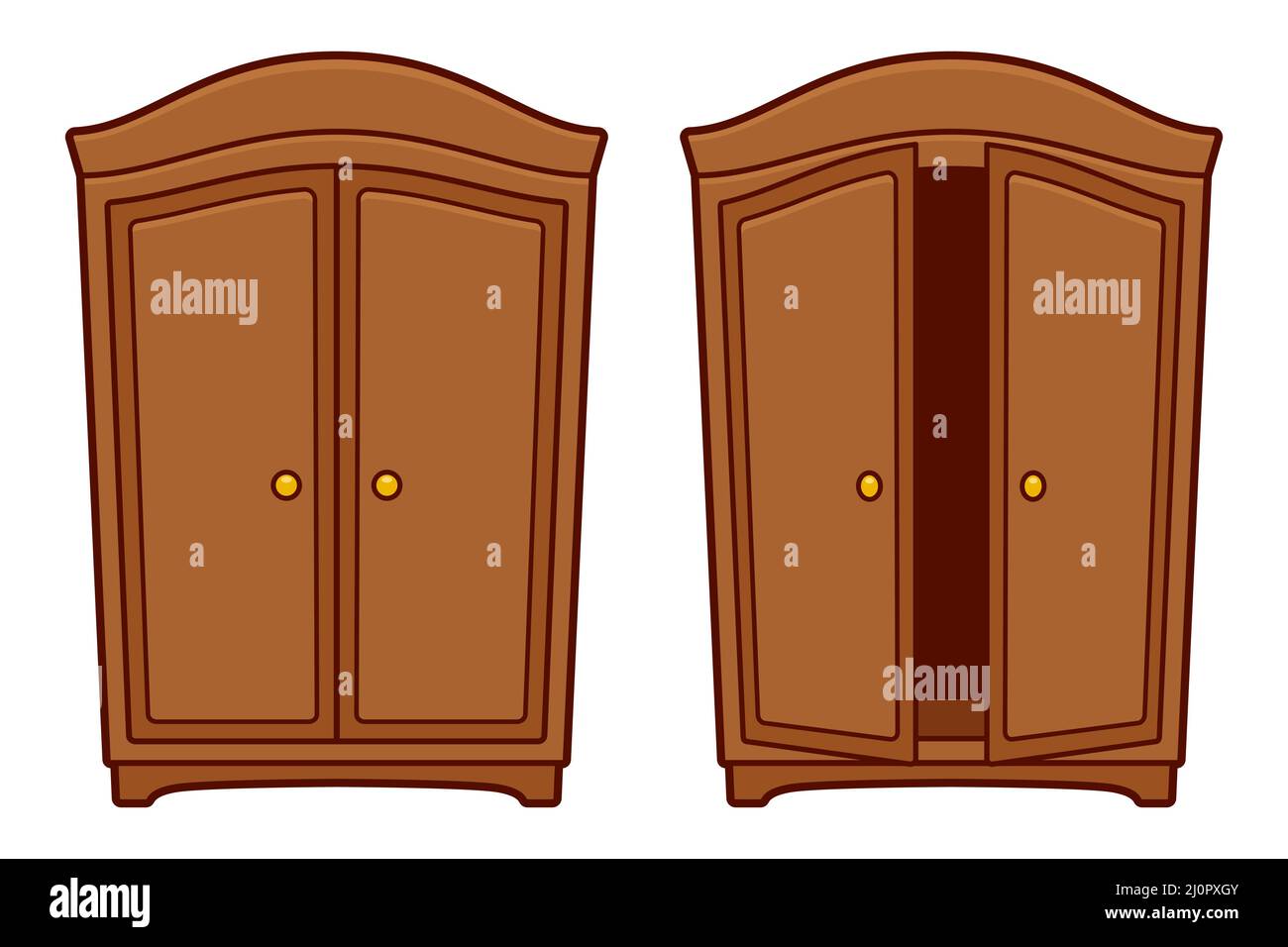 Cartoon wardrobe, open and closed. Vintage wooden furniture vector clip art illustration. Stock Vector