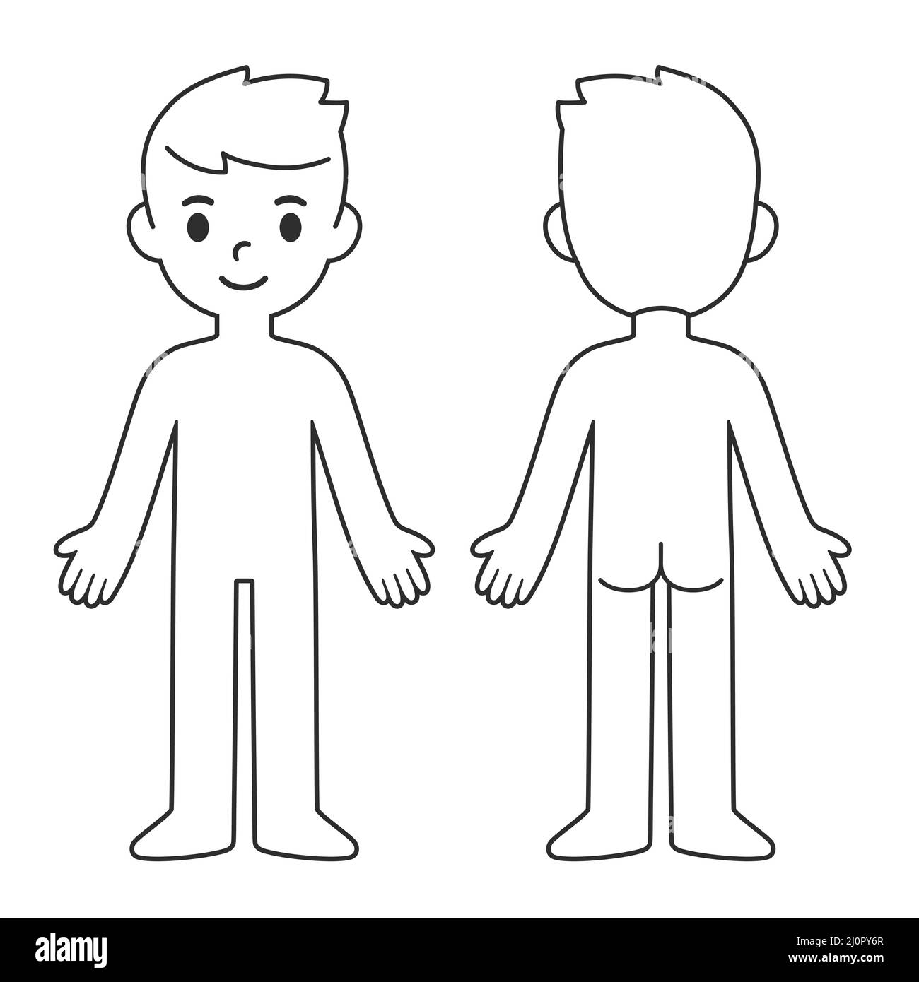 Cartoon child body chart, front and back view. Blank boy body outline template. Isolated vector illustration. Stock Vector