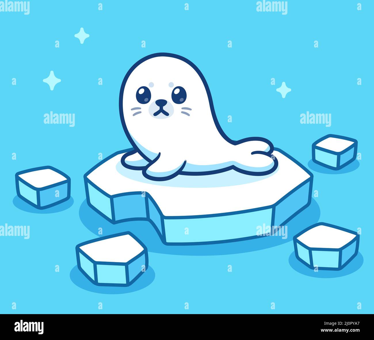 Cute cartoon sad baby seal on melting ice. Climate change and global warming Stock Vector