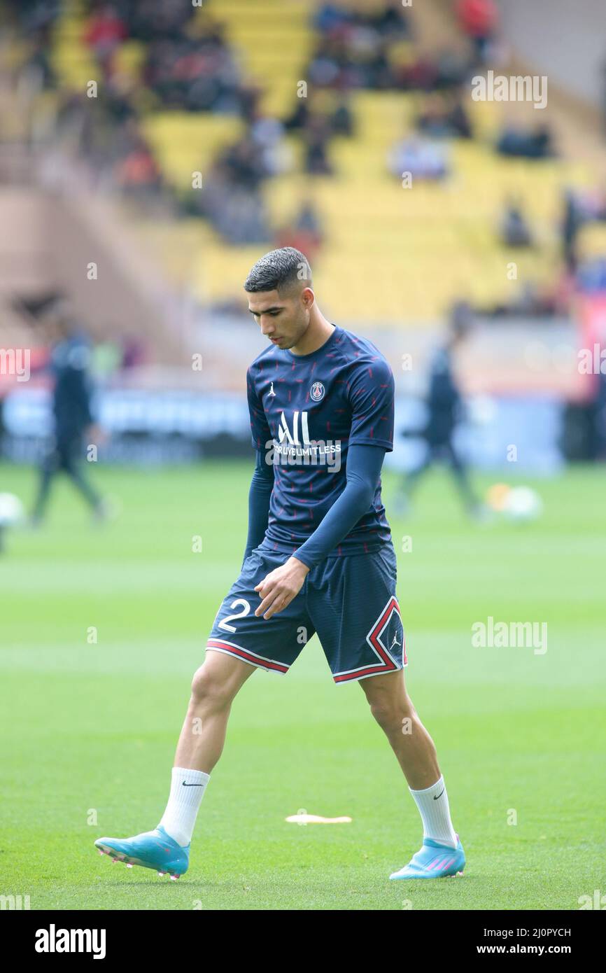 Achraf Hakimi of Paris Saint-Germain during the French championship Ligue 1  football match between AS Monaco and Paris Saint-Germain on March 20, 2022  at Louis II stadium in Monaco (Photo by Nderim