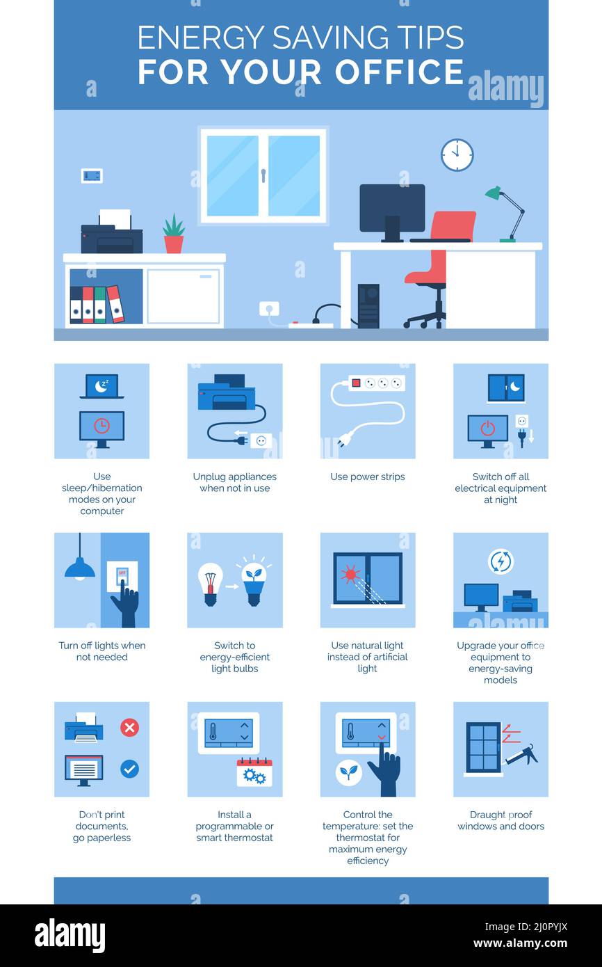 Energy saving tips for your office: how to lower your utility bills and make your life more environmentally friendly, office interior and icons set Stock Vector