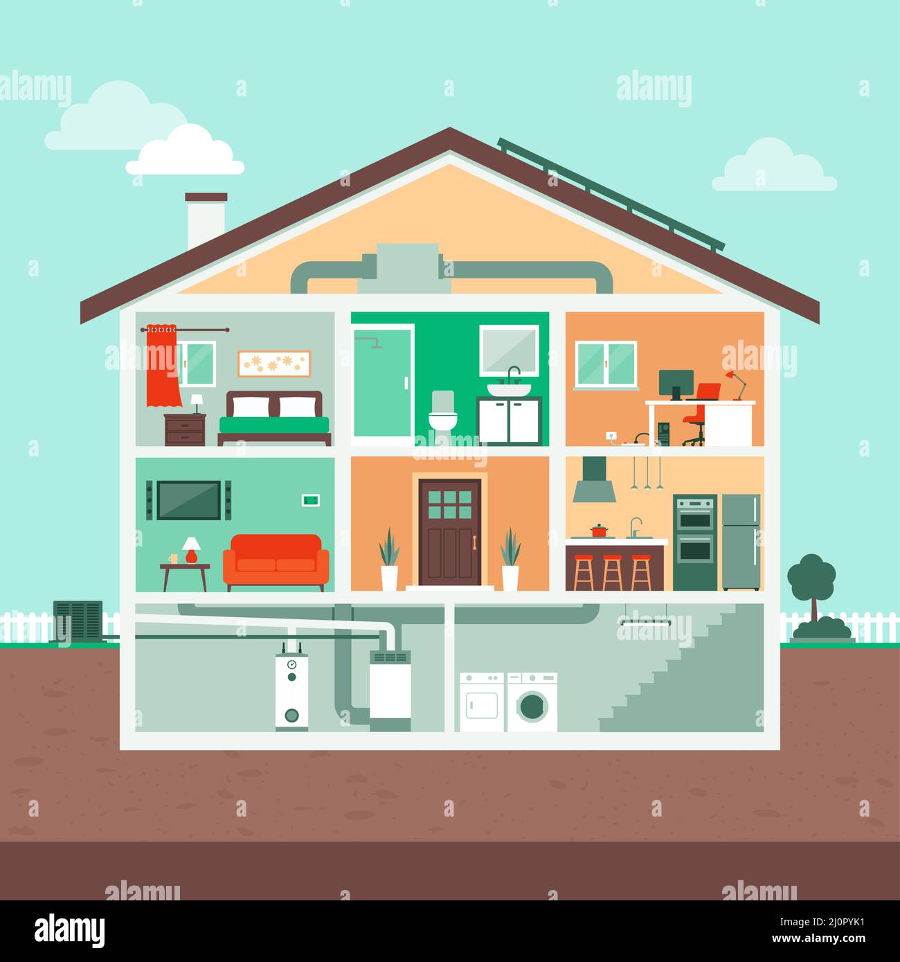 Contemporary house section with rooms bathroom, living room, home