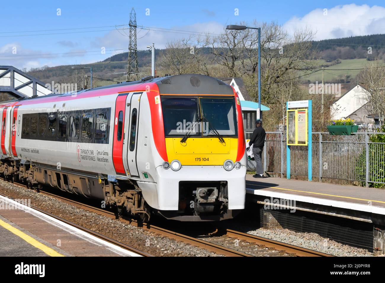 Pontyclun, Wales - March 2022:  Diesel passenger train operated by Transport for Wales at the railway station in the village of Pontyclun Stock Photo