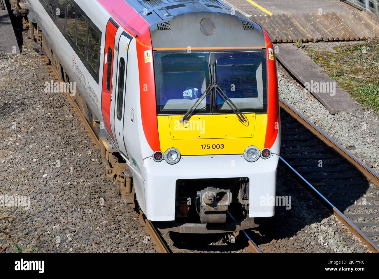 Pontyclun, Wales - March 2022:  Close up view of a passenger train operated by Transport for Wales arriving at the village's railway station Stock Photo