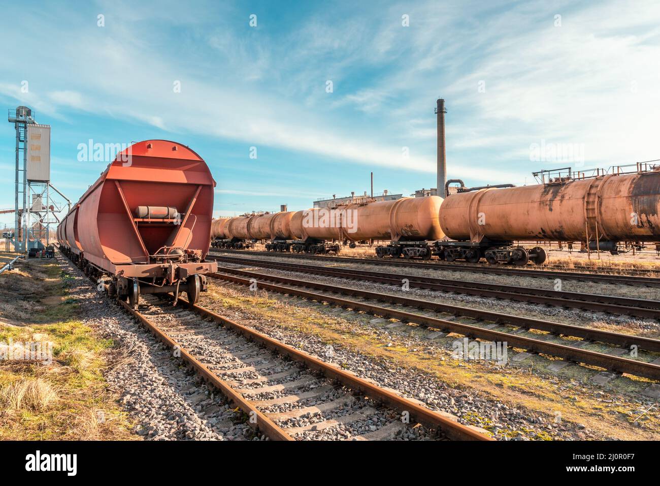 Railway Station with Freight Trains Stock Photo