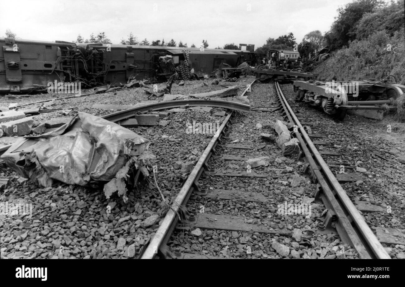 The crash of the Aberdeen to London sleeper train which careered off the track on the notorius Morpeth curve, just half a mile from the station. The crash happened at 10 minutes past midnight on 24th June, 1984   Debris stewn across the track where the train left the rails Stock Photo