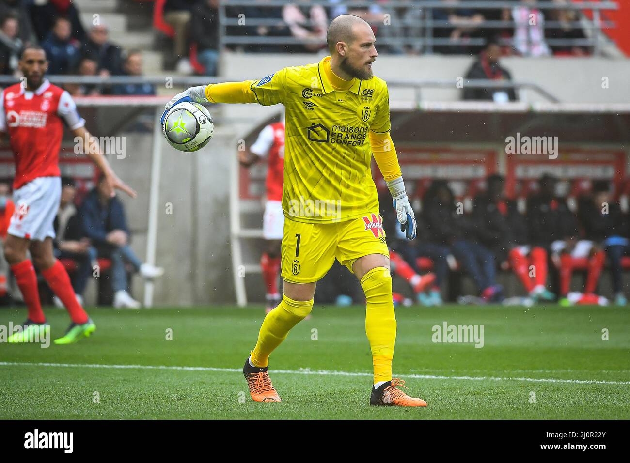 Predrag RAJKOVIC of Reims during the French championship Ligue 1 football match between Stade de Reims and Olympique Lyonnais on March 20, 2022 at Auguste Delaune stadium in Reims, France - Photo Matthieu Mirville / DPPI Stock Photo