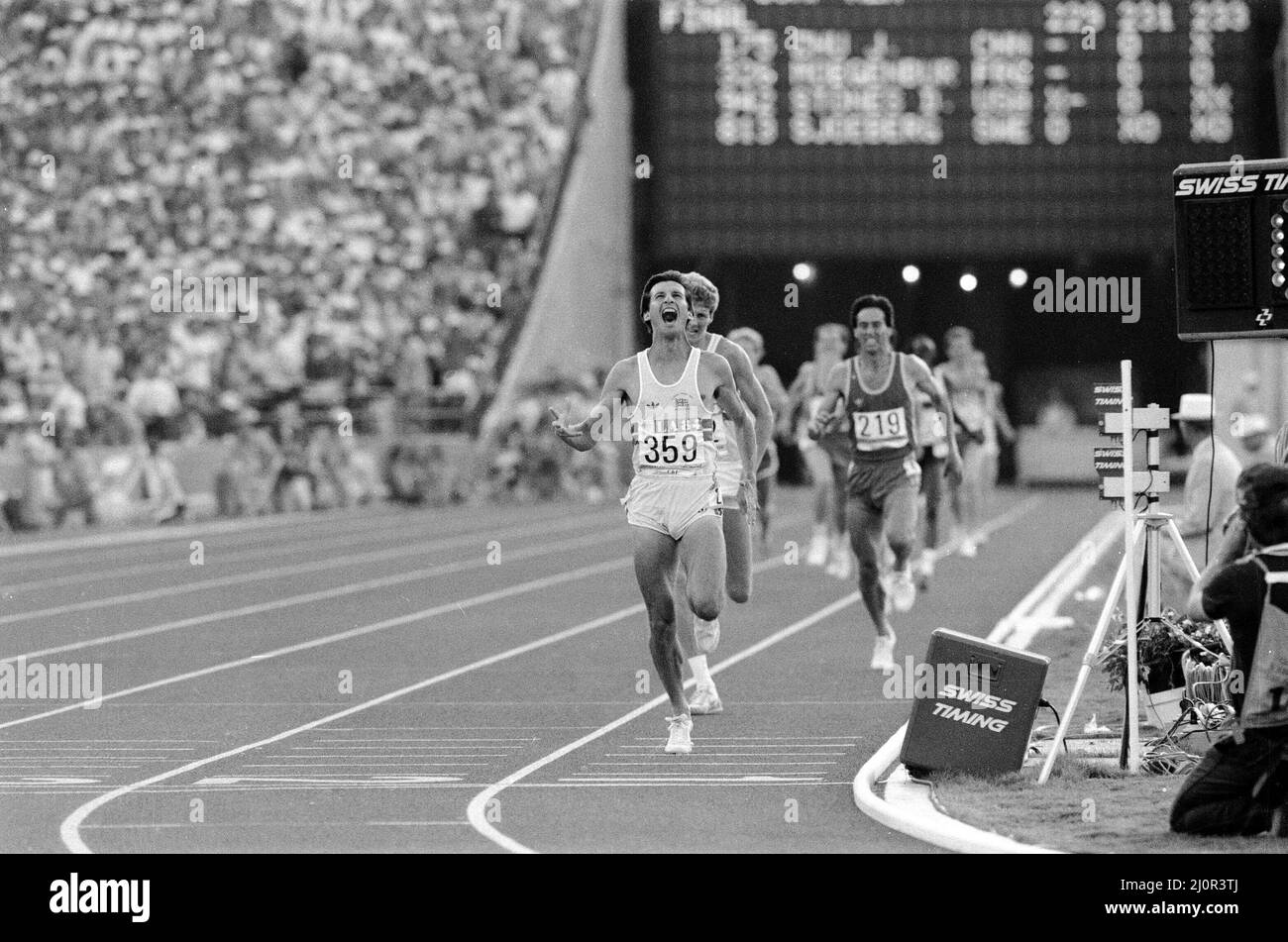 1984 Olympic Games in Los Angeles, USA.Mens Athletics. Great Britain's Sebastain Coe wins the 1500 metres gold medal ahead of his fellow countryman Steve Cram who took silver. 11th August 1984. Stock Photo