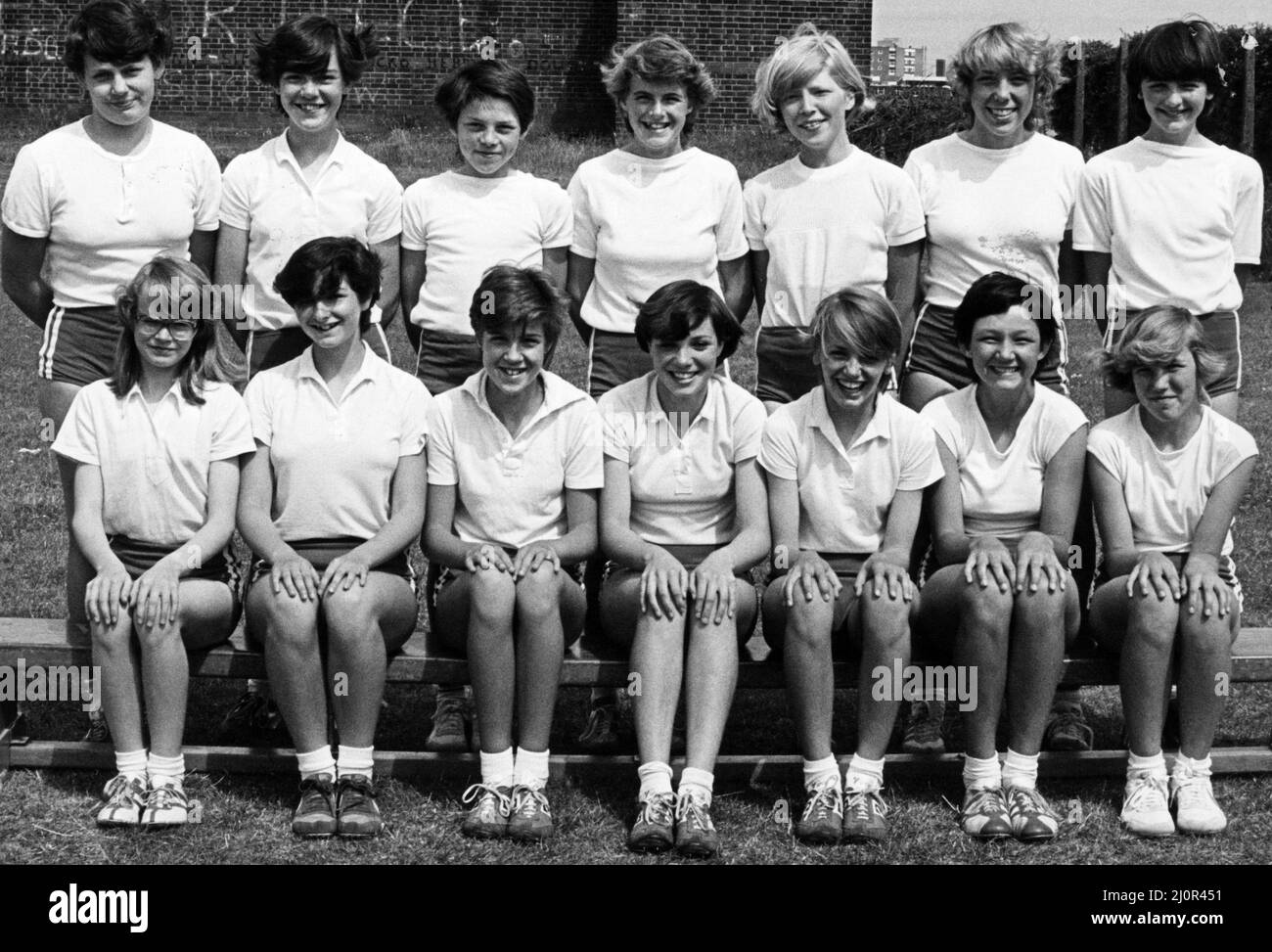 Gilbrook School, Eston, Redcar and Cleveland, North Yorkshire. 16th July 1984. Pictured, Under 13 Athletics Team, who have qualified for the Milk in Action Track and Field Schools Cup in Derby this weekend. Back Row (left to right) Tracy Tyerman, Julie Hayes, Hazel McLintock, Nichola Taylor, Jackie Strangeways, Nichola Henderson, Kathryn Warnock. Front Row (left to right) Tracy Morton, Joanne Mitchell, Joanne Adams, Sarah Freer, Pamela Mealing, Carol Speirs, Tanya Beaford. Stock Photo