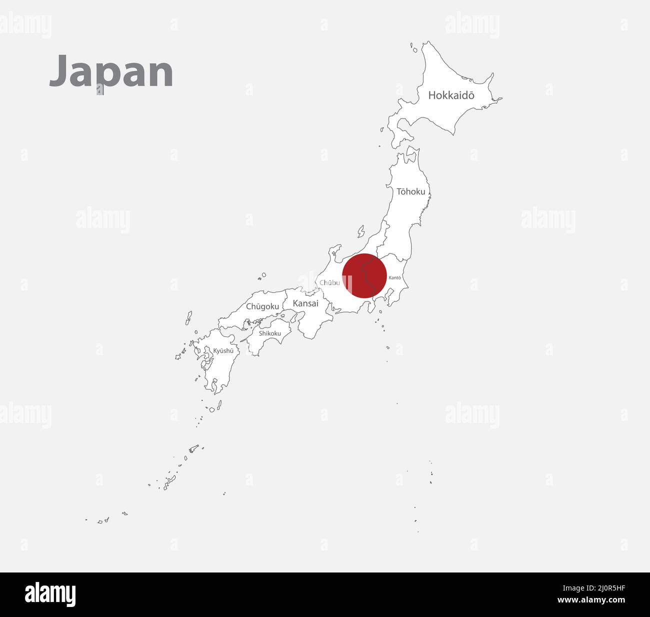 Map of the Japan in the colors of the flag with Current regions and