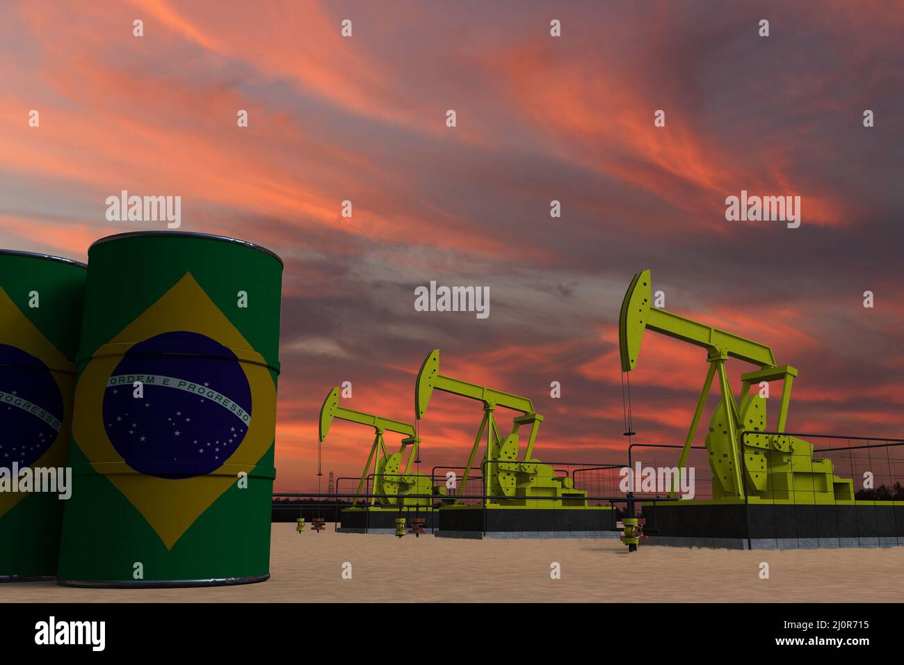 Nice pumpjack oil extraction and cloudy sky in sunset with the BRAZIL flag on oil barrels 3D rendering Stock Photo