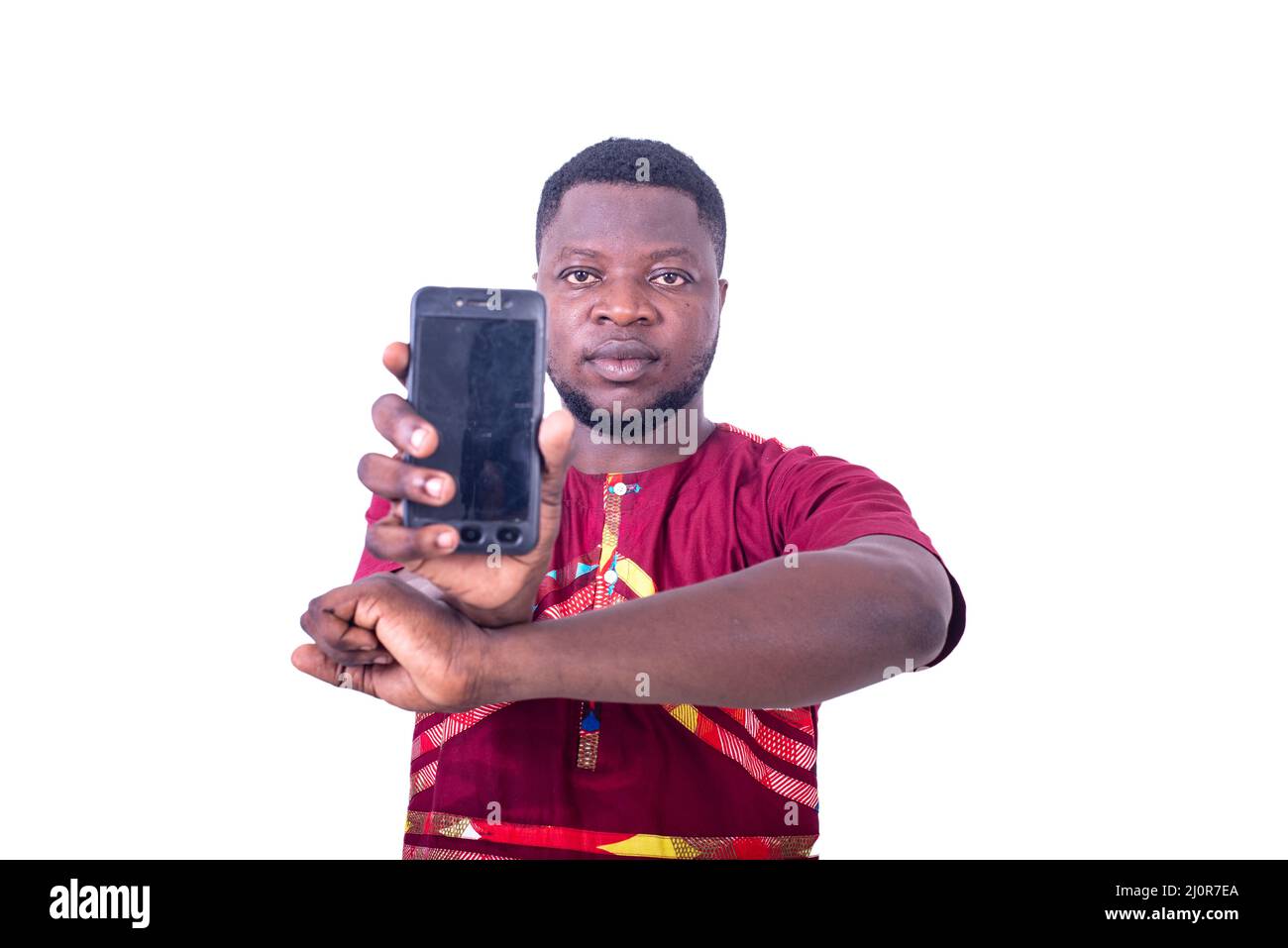 serious adult man showing black screen from his cellphone to camera