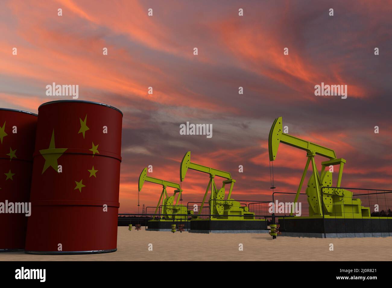 Nice pumpjack oil extraction and cloudy sky in sunset with the CHINA flag on oil barrels 3D rendering Stock Photo