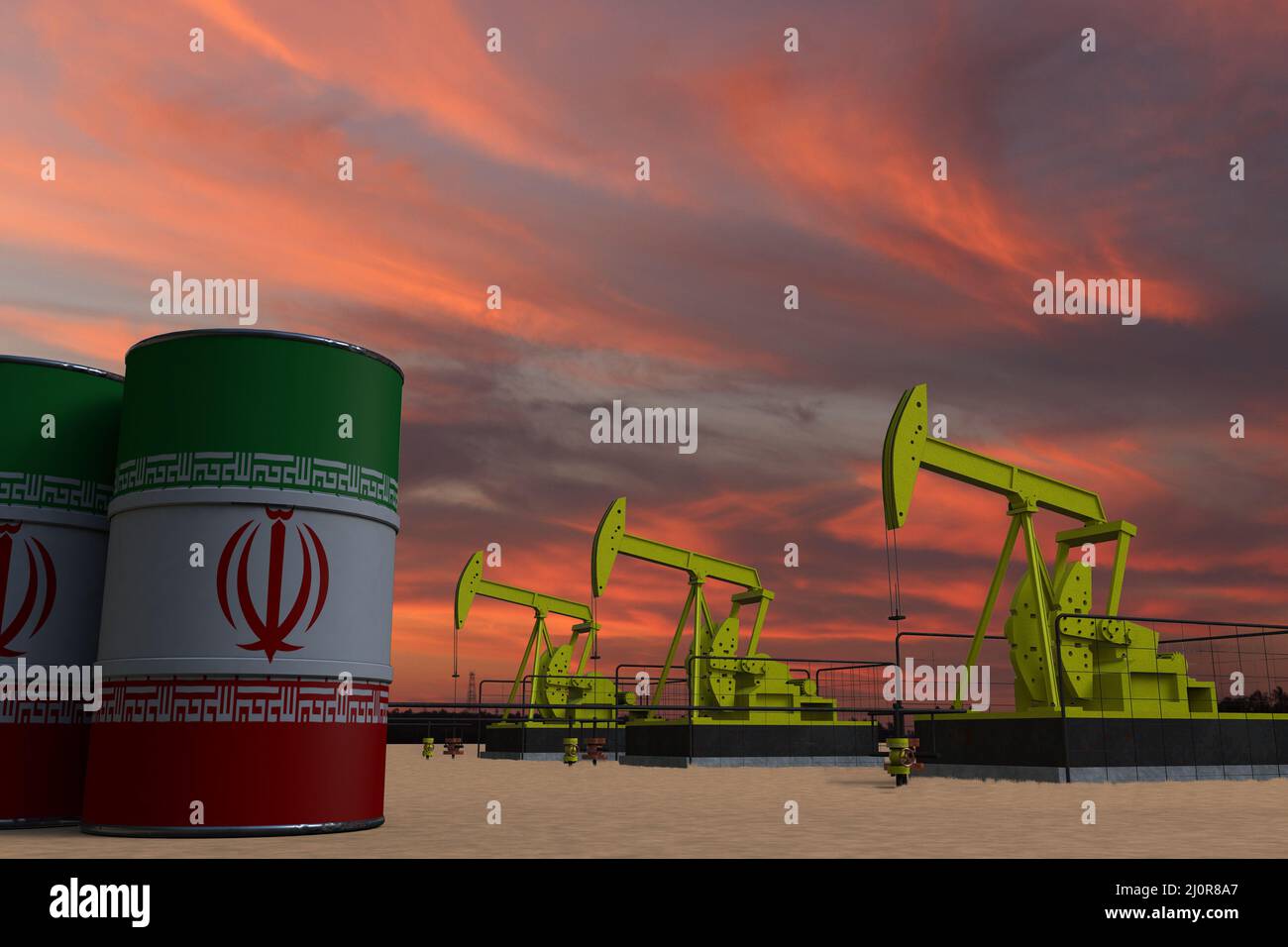 Nice pumpjack oil extraction and cloudy sky in sunset with the IRAN flag on oil barrels 3D rendering Stock Photo