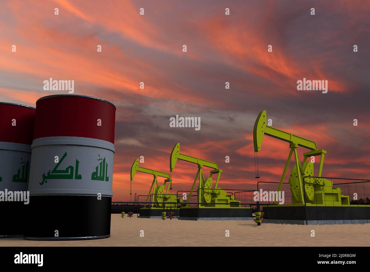 Nice pumpjack oil extraction and cloudy sky in sunset with the IRAQ flag on oil barrels 3D rendering Stock Photo