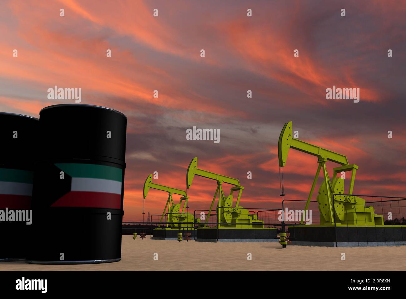 Nice pumpjack oil extraction and cloudy sky in sunset with the KUWAIT flag on oil barrels 3D rendering Stock Photo
