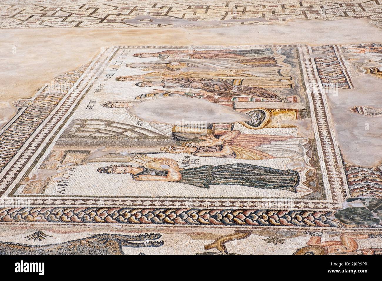 Achilles as a child from the 4th century Roman mosaic of the first bath of Achilles at the Villa of Theseus, Archaeological Park of Paphos, Cyprus Stock Photo