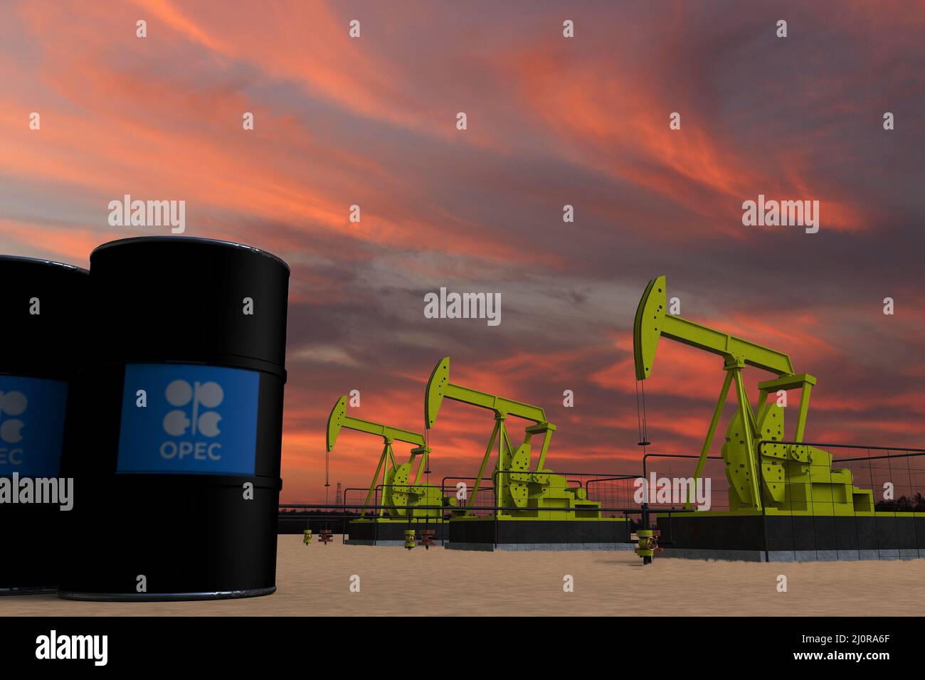 Nice pumpjack oil extraction and cloudy sky in sunset with the Organization of the Petroleum Exporting Countries OPEC OPEP flag on oil barrels 3D rend Stock Photo