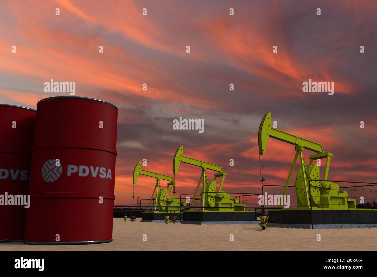 Nice pumpjack oil extraction and cloudy sky in sunset with the PDVSA VENEZUELA Opec flag Organization of the Petroleum Exporting Countries oil barrels Stock Photo