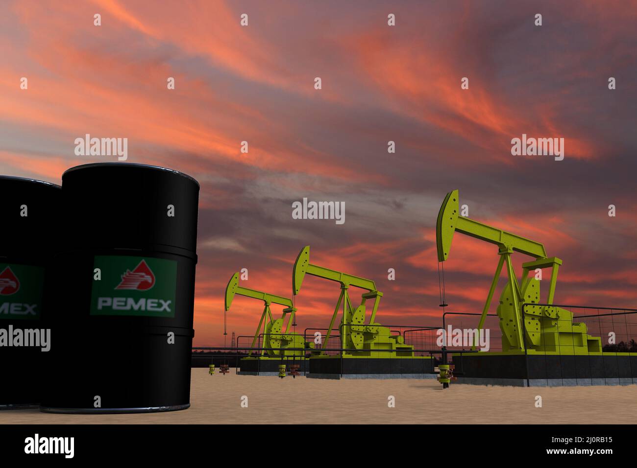 Nice pumpjack oil extraction and cloudy sky in sunset with the PEMEX MEXICO flag on oil barrels 3D rendering Stock Photo