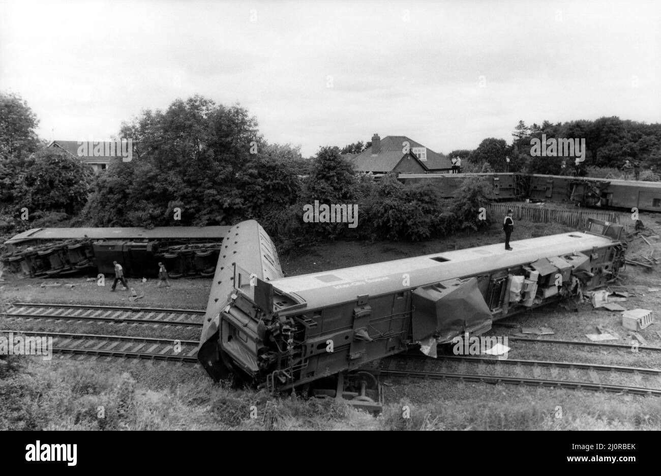 The crash of the Aberdeen to London sleeper train which careered off the track on the notorius Morpeth curve, just half a mile from the station.The crash happened at 10 minutes past midnight on 24th June, 1984  The jacknifed engine and two carriages. Stock Photo