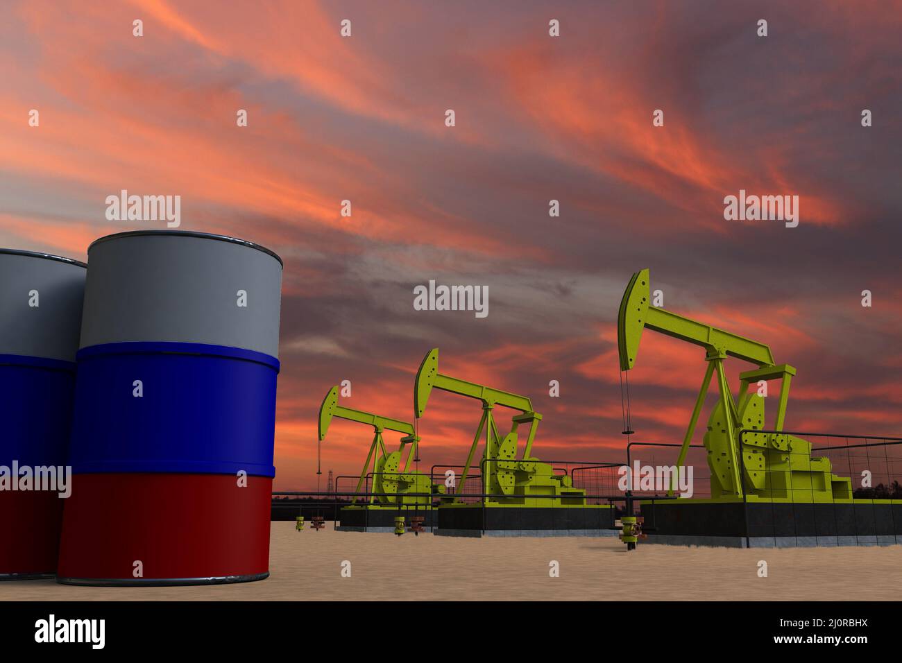 Nice pumpjack oil extraction and cloudy sky in sunset with the RUSSIA flag on oil barrels 3D rendering Stock Photo