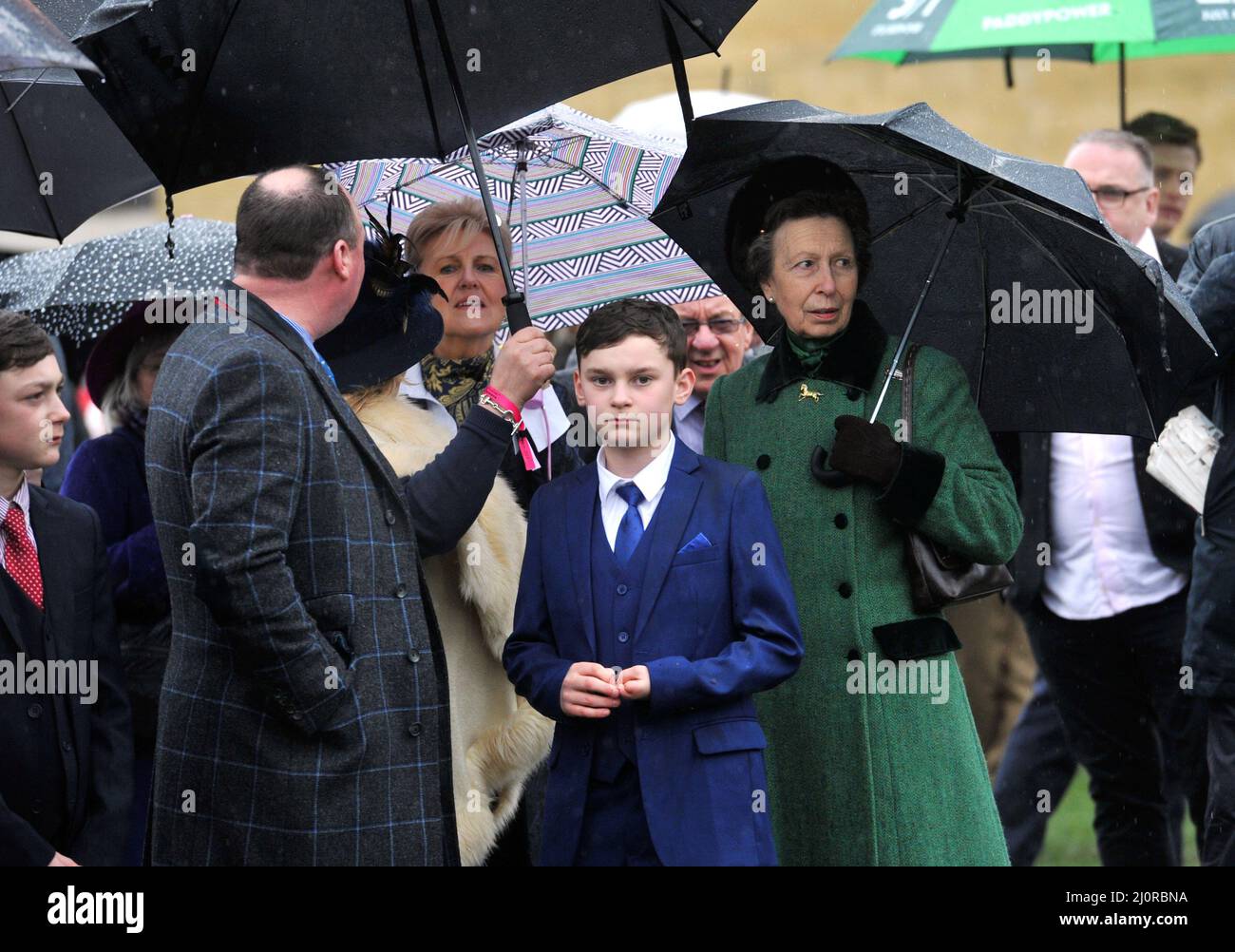 Princess Anne in the parade ring chatting with the family of Gloucestershire trainer Martin Keighley   Day 2, racing at the Cheltenham Gold Cup Festiv Stock Photo