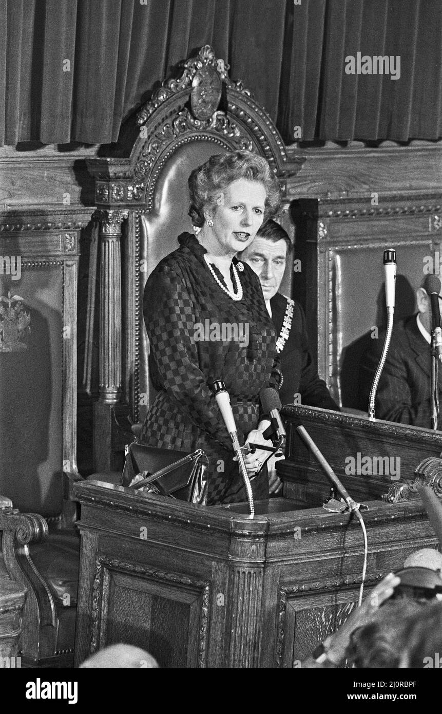 Prime Minister Margaret Thatcher addressing the General Election count