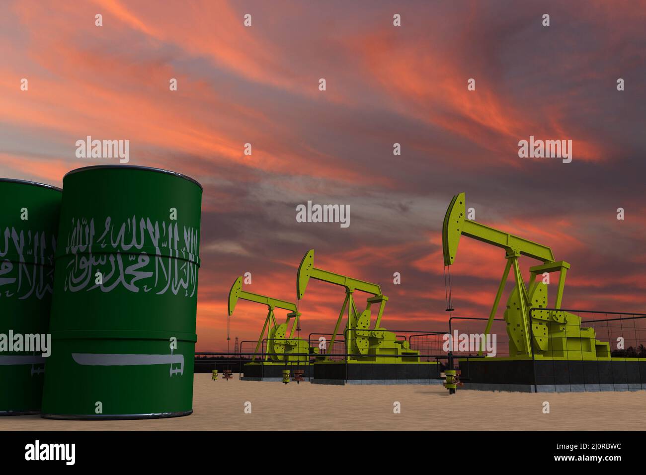Nice pumpjack oil extraction and cloudy sky in sunset with the SAUDI ARABIA flag on oil barrels 3D rendering Stock Photo